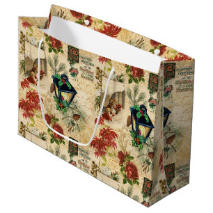 Sacola Para Presentes Grande Rustic Vintage Dourada Ephemera de Natal Floral