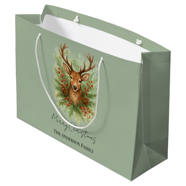 Sacola Para Presentes Grande Rustic Woodland Deer Head with Winter Foliage -  (Verso inclinado)