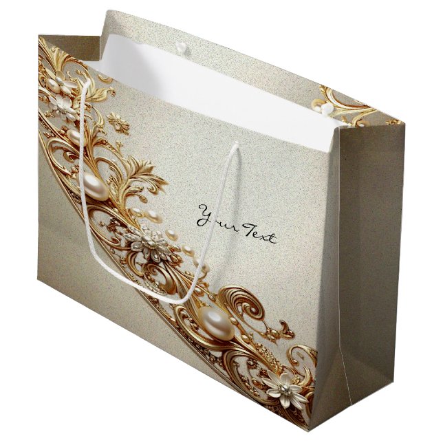 Sacola Para Presentes Grande Saca de Presente com Floreado Dourado Ornamentado (Frente inclinada)