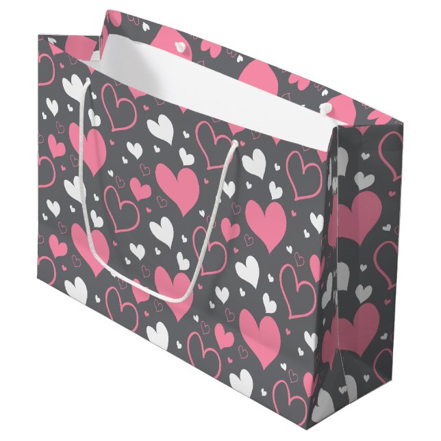 Sacola Para Presentes Grande Saca de Presente Corações Rosa e Cinza (Frente inclinada)