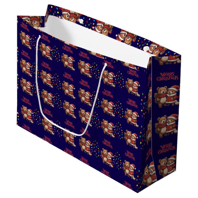Sacola Para Presentes Grande Saca de presente de Natal com ursinhos fofos (Frente inclinada)