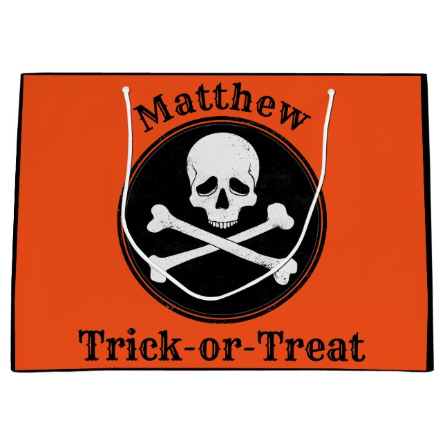 Sacola Para Presentes Grande Saco de Halloween de Ossos Cruzados Personalizados (Frente)