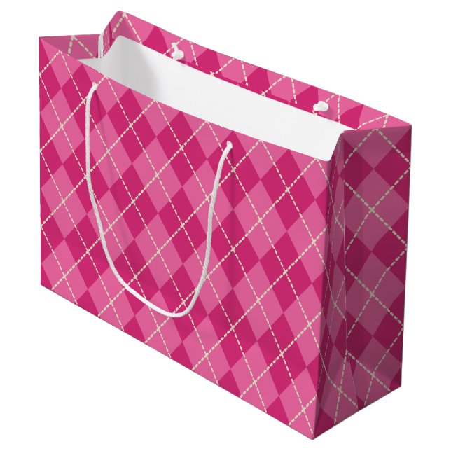 Sacola Para Presentes Grande Saco de Presente Argyle Rosa Festivo (Frente inclinada)