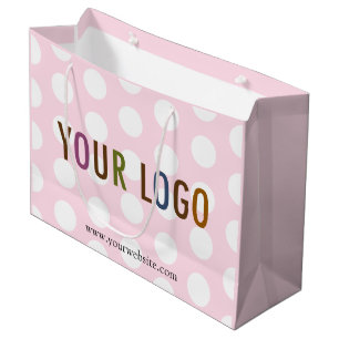 Sacola Para Presentes Grande Saco de Presente com Pontos Rosa e Branco com Logo