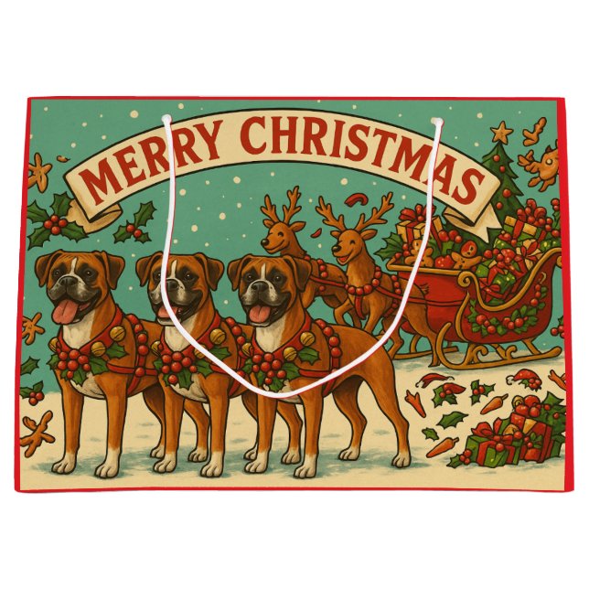 Sacola Para Presentes Grande Saco de Presente de Cachorros Boxer de Natal (Frente)