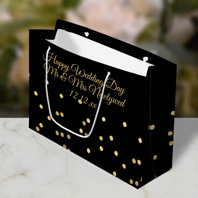 Sacola Para Presentes Grande Saco de Presente de Dia de Casamento Preto e Doura (Happy Wedding Day to the Newlyweds! Just add the Couple's name and wedding date to this gift bag)