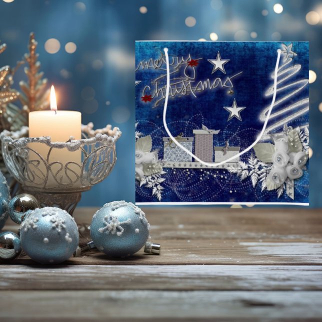 Sacola Para Presentes Grande Saco de Presente de Natal Azul e Branco com Rosas  (Criador carregado)