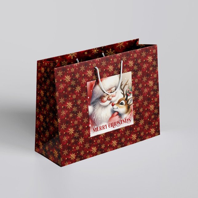 Sacola Para Presentes Grande Saco de Presente de Natal Clássico Aconchegante do (Cozy Santa and Rudolph Classic Christmas Gift Bag)