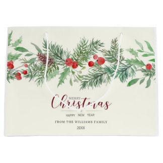 Sacola Para Presentes Grande Saco de Presente de Natal com Vegetação em Aquarel
