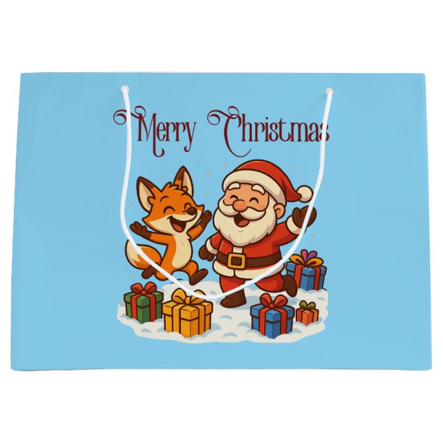 Sacola Para Presentes Grande Saco de Presente de Natal de Raposa e Papai Noel (Frente)