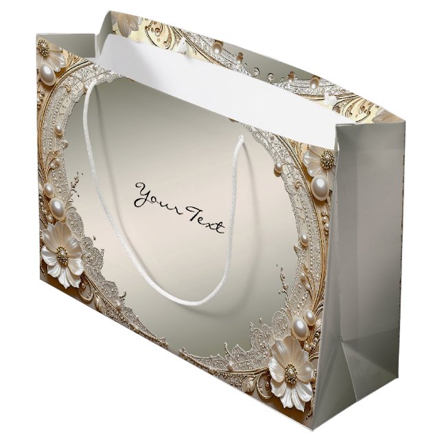 Sacola Para Presentes Grande Saco de Presente de Pérolas de Flores Brancas Mode (Verso inclinado)