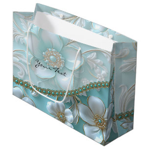 Sacola Para Presentes Grande Saco de Presente Floral Branco Turquesa