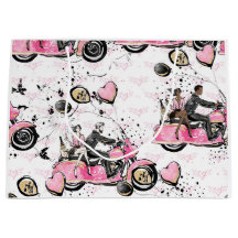 Saco de Presente Floral de Moto Rosa, Preto e Dour