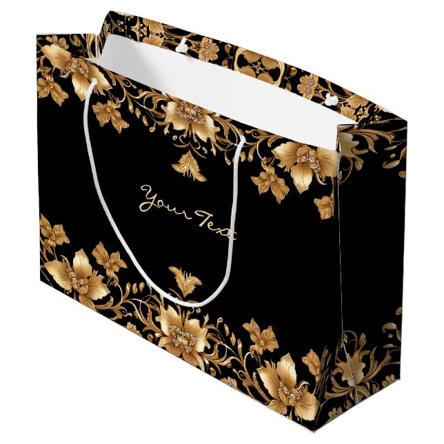 Sacola Para Presentes Grande Saco de Presente Floral Ornatado Dourado e Preto (Verso inclinado)