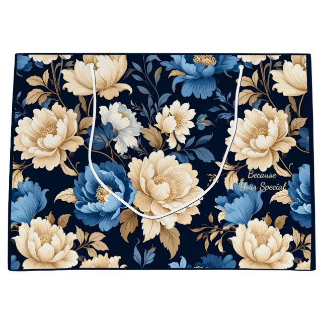 Sacola Para Presentes Grande Saco de Presente Flores Vitorianas Azul (Frente)