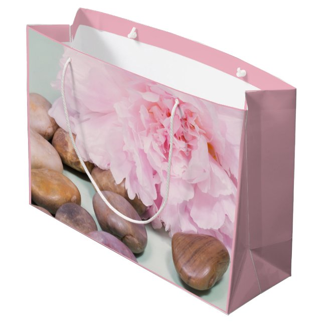 Sacola Para Presentes Grande Saco de Presente Peônia Rosa com Pedras Zen (Verso inclinado)