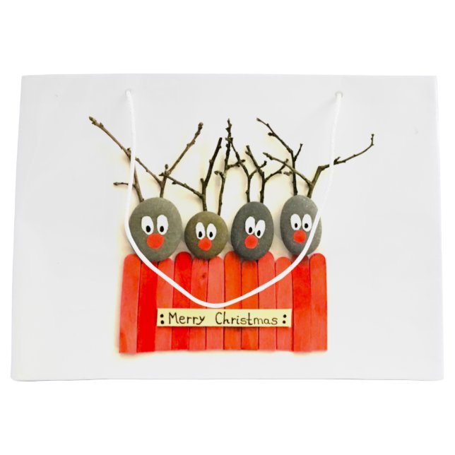 Sacola Para Presentes Grande Saco do Natal da rena da arte do seixo (Frente)