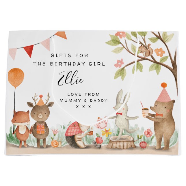 Sacola Para Presentes Grande Saco do Presente para Animais da Floresta Rosa (Frente)