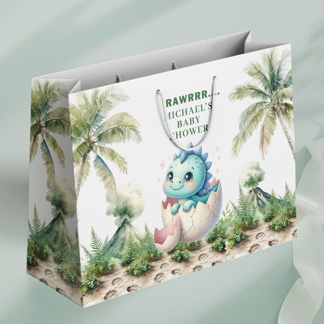 Sacola Para Presentes Grande Sacol de Presente de Chuveiro Em Breve Tema de Beb (Hatching Soon Shower Gift Bag Baby Dino Theme)