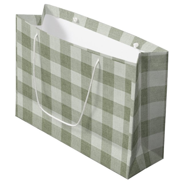 Sacola Para Presentes Grande Sage Green Gingham Buffalo Check Linen Texture (Frente inclinada)