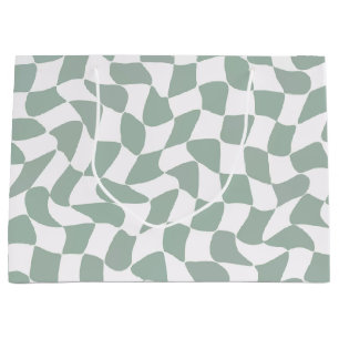 Sacola Para Presentes Grande Sage Verde Moderno e Branco Xadrez Ondulado