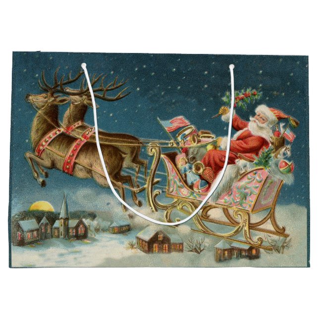 Sacola Para Presentes Grande Santa Claus Christmas Antique Sleigh Reindeer (Verso)