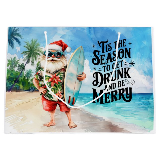 Sacola Para Presentes Grande Santa Claus Christmas in July at the beach surfer (Frente)