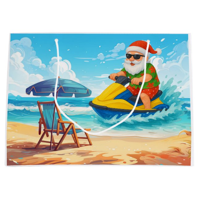 Sacola Para Presentes Grande Santa Claus Christmas in July riding jet ski (Frente)