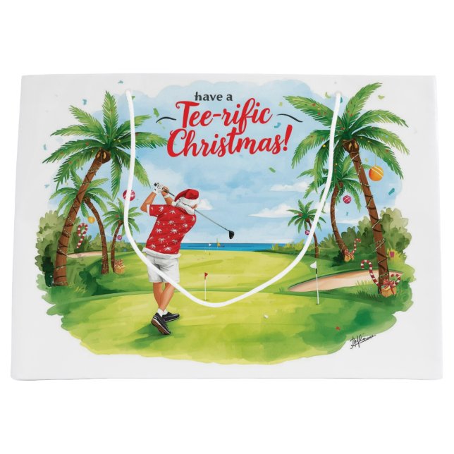 Sacola Para Presentes Grande Santa Claus is golfing Christmas in July  (Frente)