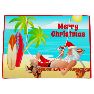 Sacola Para Presentes Grande Santa Clause e surfboards Feliz Praia de Natal
