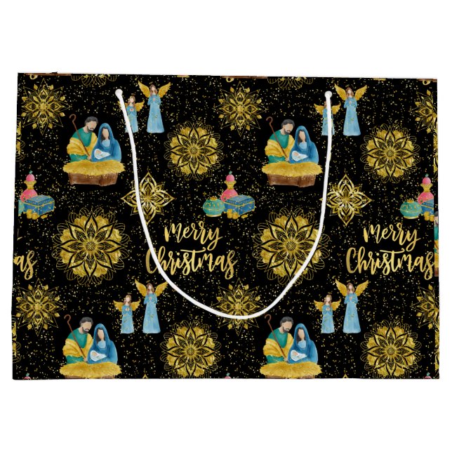 Sacola Para Presentes Grande Santa Noite Natividade Mary Joseph Jesus Ouro Star (Verso)