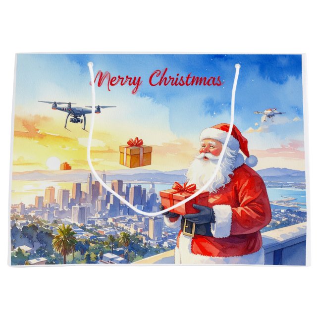Sacola Para Presentes Grande Santa’s Drone Delivery Working on Christmas  (Frente)