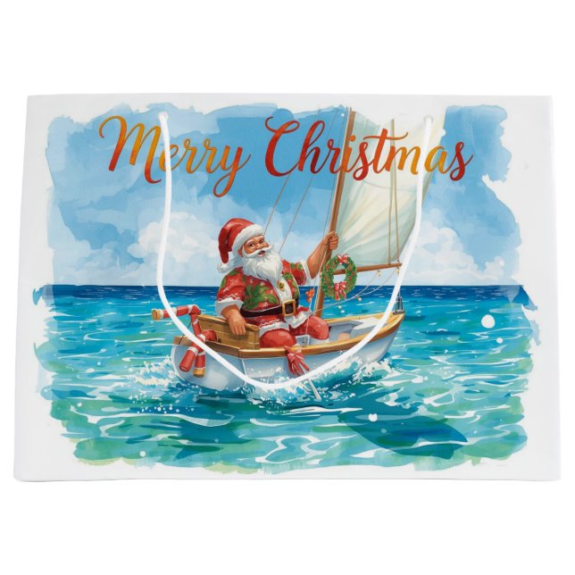Sacola Para Presentes Grande Santa Sailing – Tropical Christmas by the Sea (Frente)