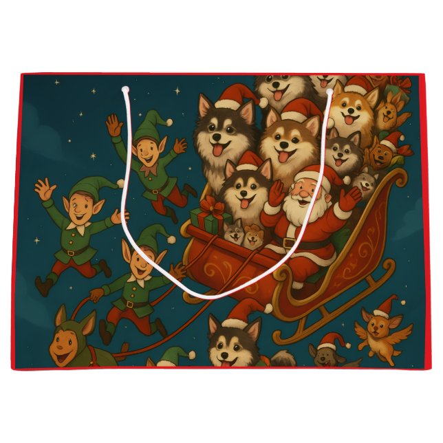 Sacola Para Presentes Grande Santa with joyous pups and elves! (Frente)