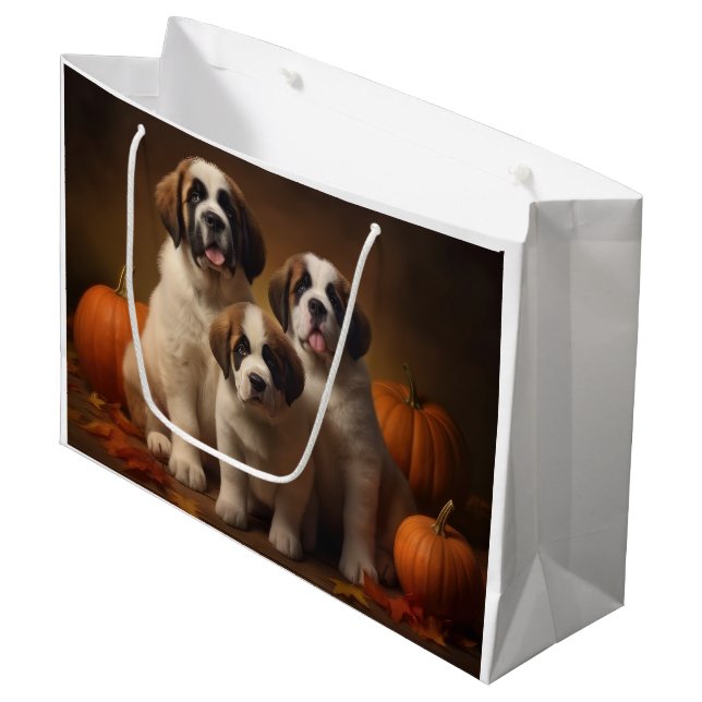 Sacola Para Presentes Grande Santo Bernard Puppy Autumn Delight Pumpkin (Frente inclinada)