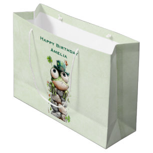 Sacola Para Presentes Grande Sapo com Chapéu Verde e Trevo de Quatro Folhas Fof