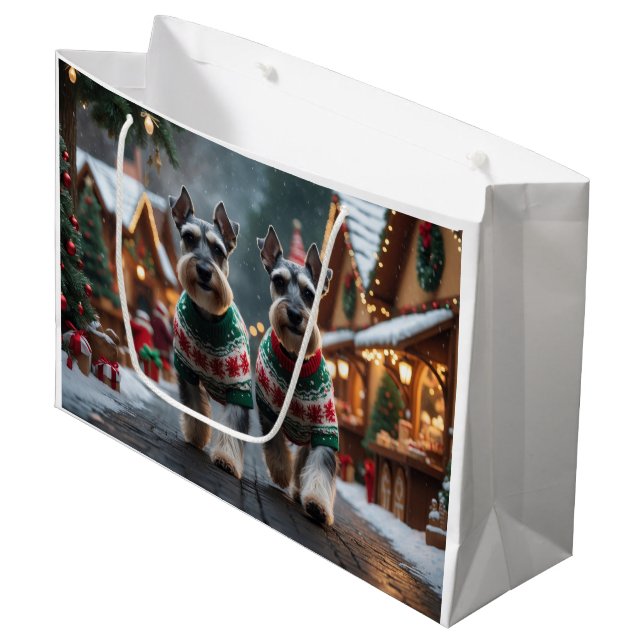Sacola Para Presentes Grande Schnauzer Dogs Christmas Snow Holiday  (Frente inclinada)