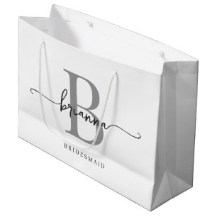 Sacola Para Presentes Grande Script Girly de Monograma de Cinza Branco Mínimo n