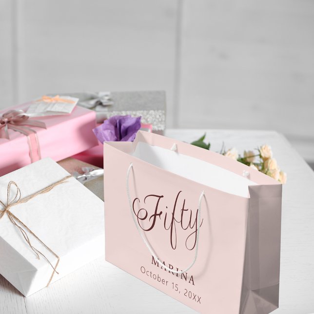 Sacola Para Presentes Grande script rosa gold name 50th aniversário (Criador carregado)
