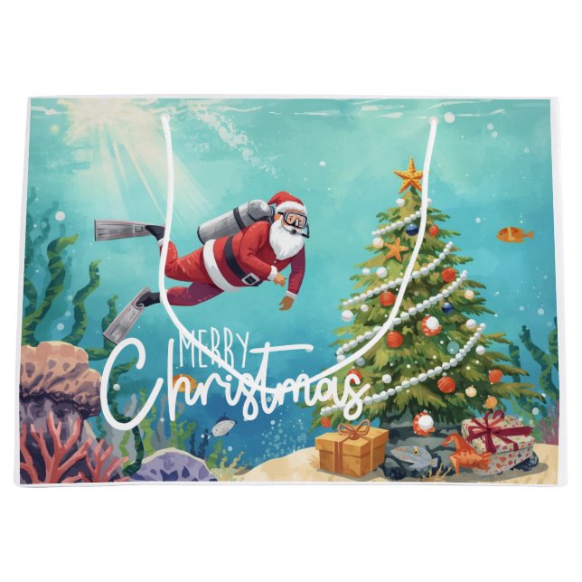 Sacola Para Presentes Grande Scuba Santa Underwater Christmas Holiday (Frente)