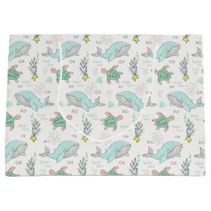 Sacola Para Presentes Grande Sea Life Whales e Tartarugas