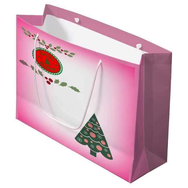 Sacola Para Presentes Grande Seasons saúda Holly verde e árvore de Natal (Frente inclinada)