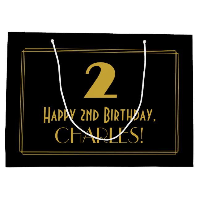 Sacola Para Presentes Grande segundo aniversário — Art Deco Inspira "2" & Nome (Verso)