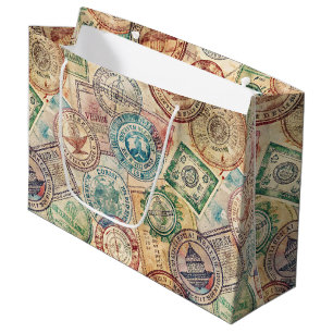 Sacola Para Presentes Grande Selo de Passaporte Rústico Padrão de Viagem (1)