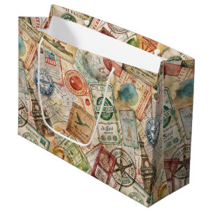 Sacola Para Presentes Grande Selo de Passaporte Rústico Padrão de Viagem (5)