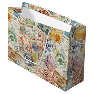 Sacola Para Presentes Grande Selo de Passaporte Rústico Padrão de Viagem (6)