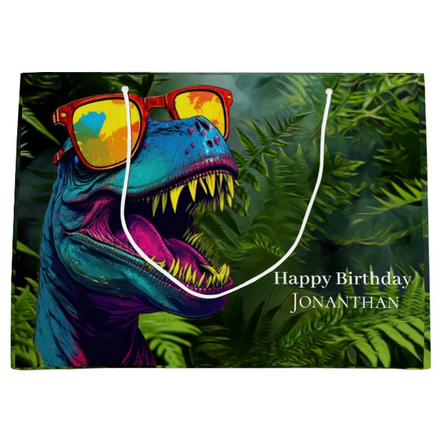 Sacola Para Presentes Grande Selva Roxa Legal do Dinossauro (Frente)