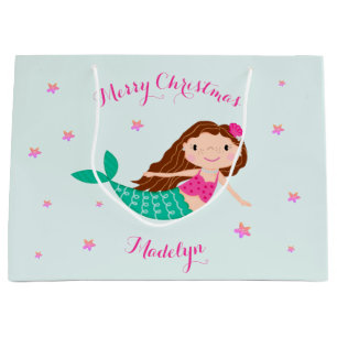 Sacola Para Presentes Grande Sereia de Natal Rosa - Teto Personalizado