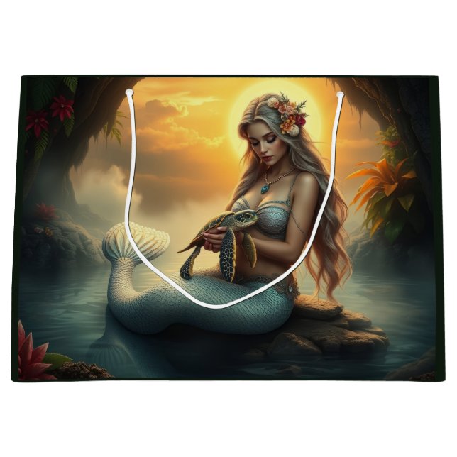 Sacola Para Presentes Grande Sereia e sua amiga tartaruga visitam o grogue (Frente)