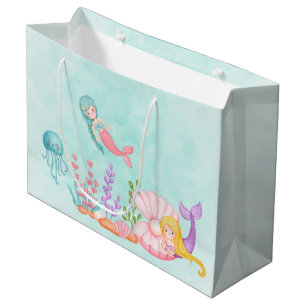 Sacola Para Presentes Grande Sereias e medusas sob a aquarela marítima